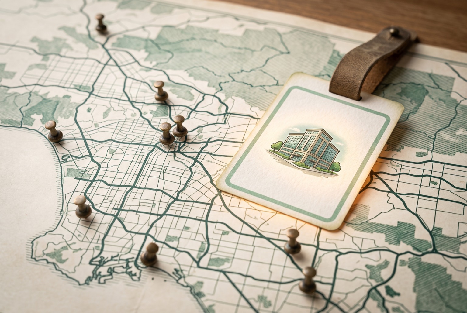 Warm aerial-to-property style illustration showing a commercial landscaper evaluating contract opportunities across a mapped service area.