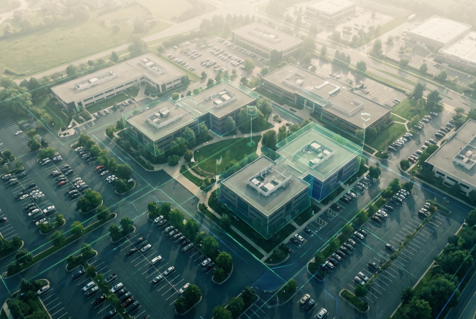 Warm satellite-style thumbnail of a commercial property with a subtle green-area overlay and valuation notes.