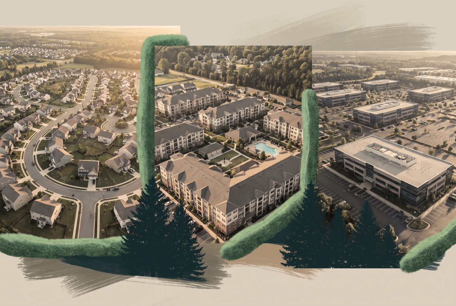 Stylized aerial collage contrasting an HOA community, an apartment complex, and an office park in Revenueable's warm field-craft palette.