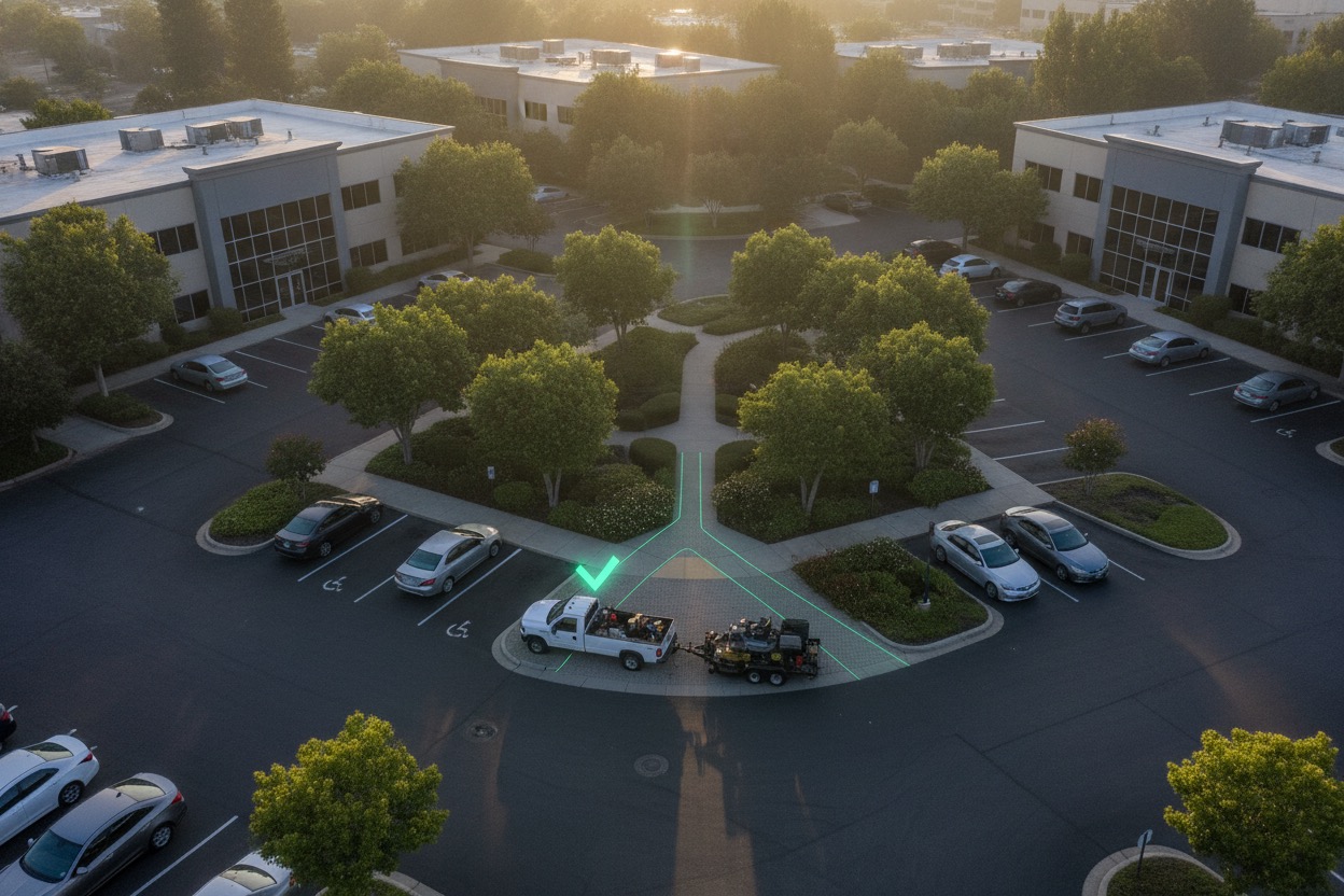 Aerial photograph of a landscaping crew truck and trailer at a commercial office park entrance, with a soft emerald checkmark overlay marking it as an approved vendor.
